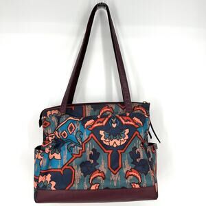 Fossil Large Tote Jenna Shopper Blue Multi Purse Double Handle With Key Charm